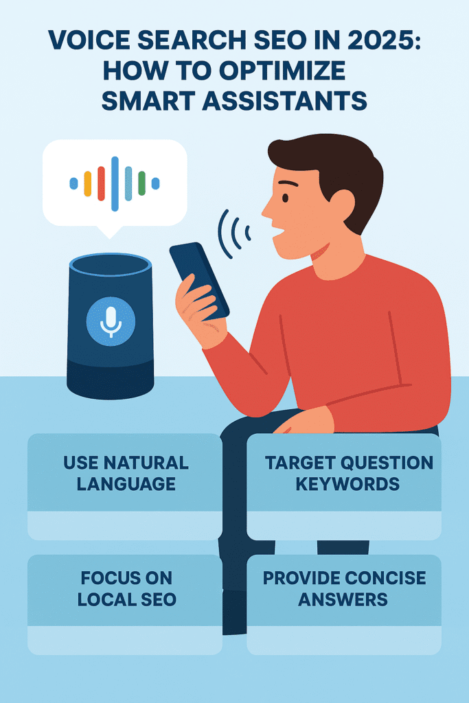 Infographic showing voice search SEO tips for 2025 with a man using a smartphone and smart speaker, and tips like using natural language and focusing on local SEO.