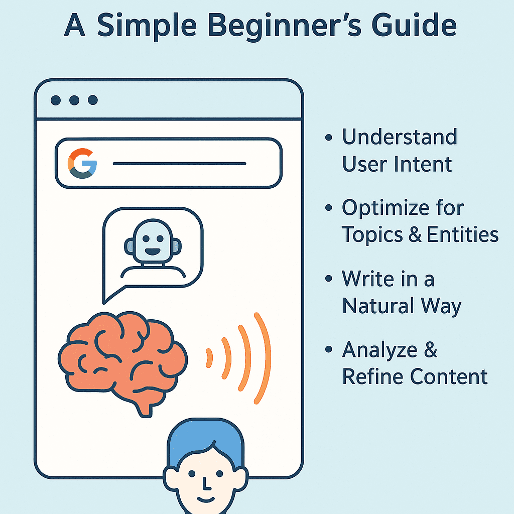 Infographic showing NLP-based SEO strategies for 2025 with visuals of a robot icon, brain, and search interface, listing tips like user intent, topics, and content analysis.