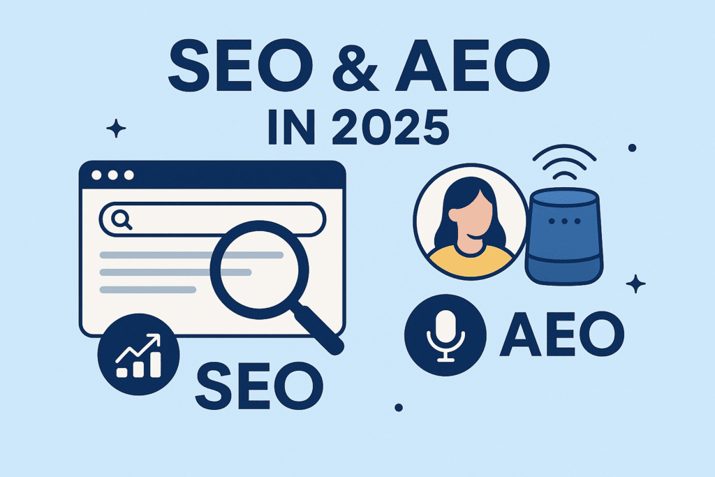 Infographic comparing SEO and AEO strategies in 2025 with visuals of search and voice.