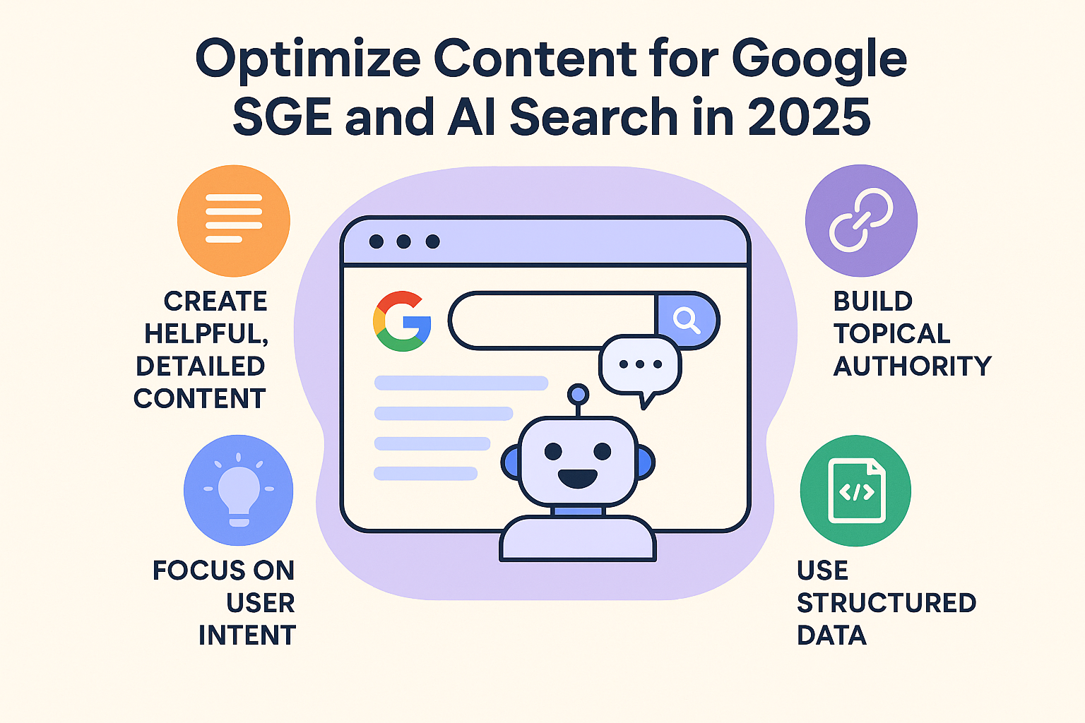 Infographic showing strategies to optimize content for Google SGE and AI Search in 2025, including user intent, structured data, topical authority, and detailed content.
